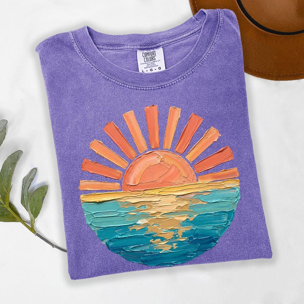 Comfort Colors Sunset Beach Shirt, Coastal Ocean Graphic Tee, Retro Summer Vacation T Shirt, Cute Travel Tee, Only Print- Not real Painting