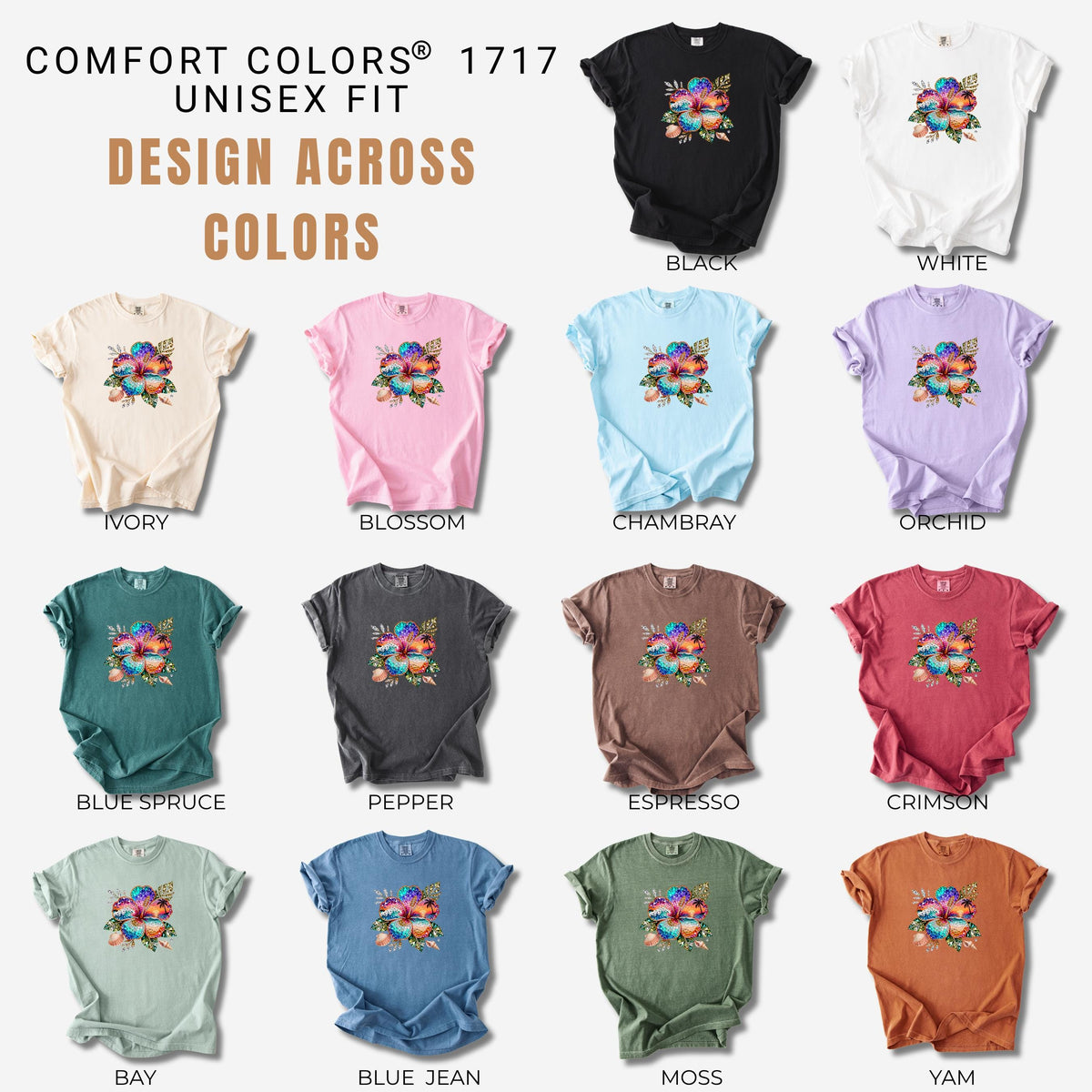 Sparkle Hibiscus Shirt Women, Beach Sunset Flower Tee, Cute Summer Graphic Shirt, Trendy Vacation Shirt, Comfort Colors
