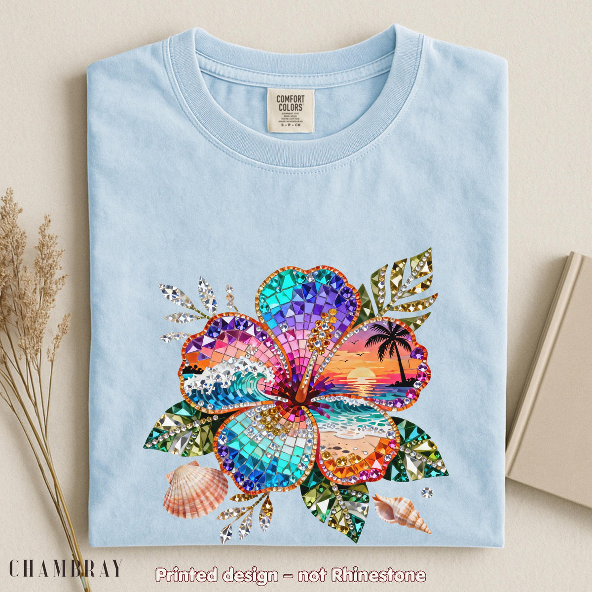 Sparkle Hibiscus Shirt Women, Beach Sunset Flower Tee, Cute Summer Graphic Shirt, Trendy Vacation Shirt, Comfort Colors