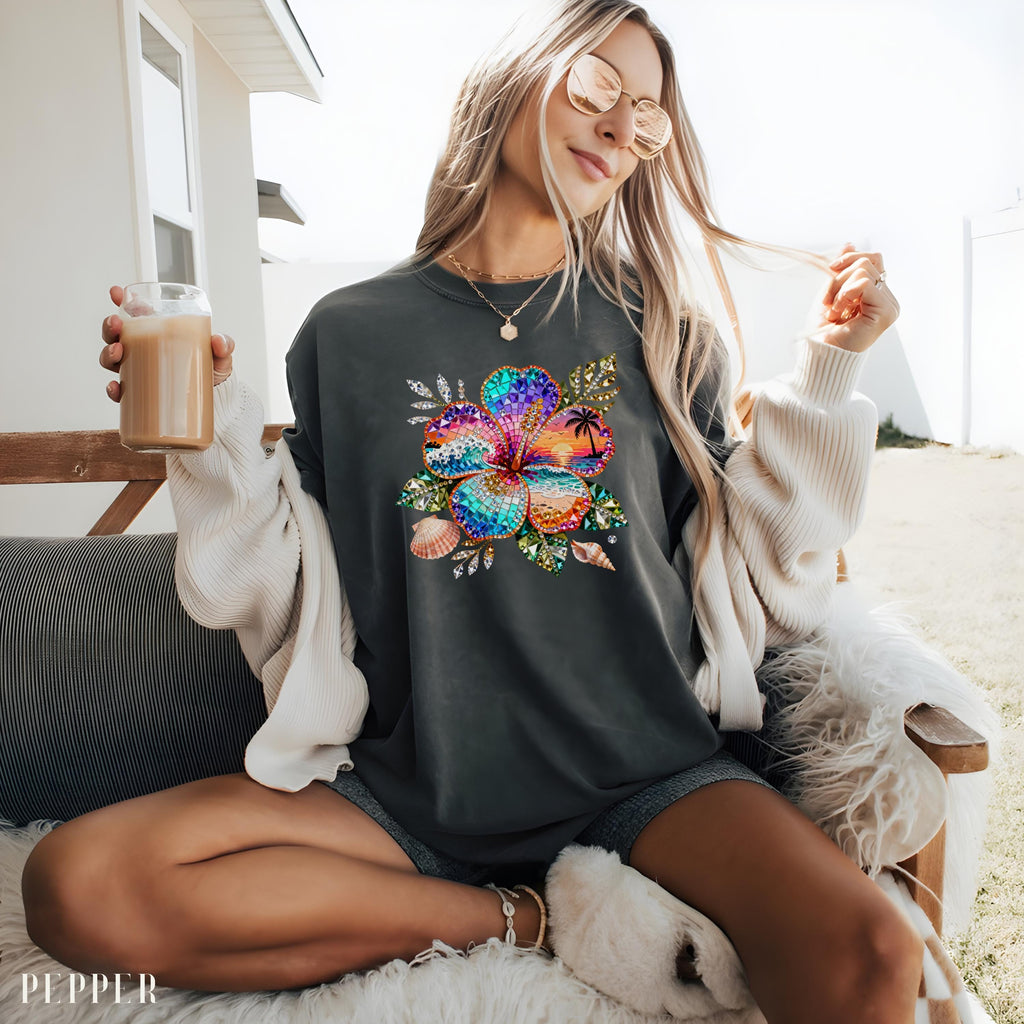 Sparkle Hibiscus Shirt Women, Beach Sunset Flower Tee, Cute Summer Graphic Shirt, Trendy Vacation Shirt, Comfort Colors