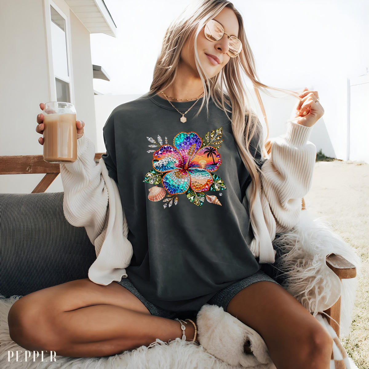 Sparkle Hibiscus Shirt Women, Beach Sunset Flower Tee, Cute Summer Graphic Shirt, Trendy Vacation Shirt, Comfort Colors
