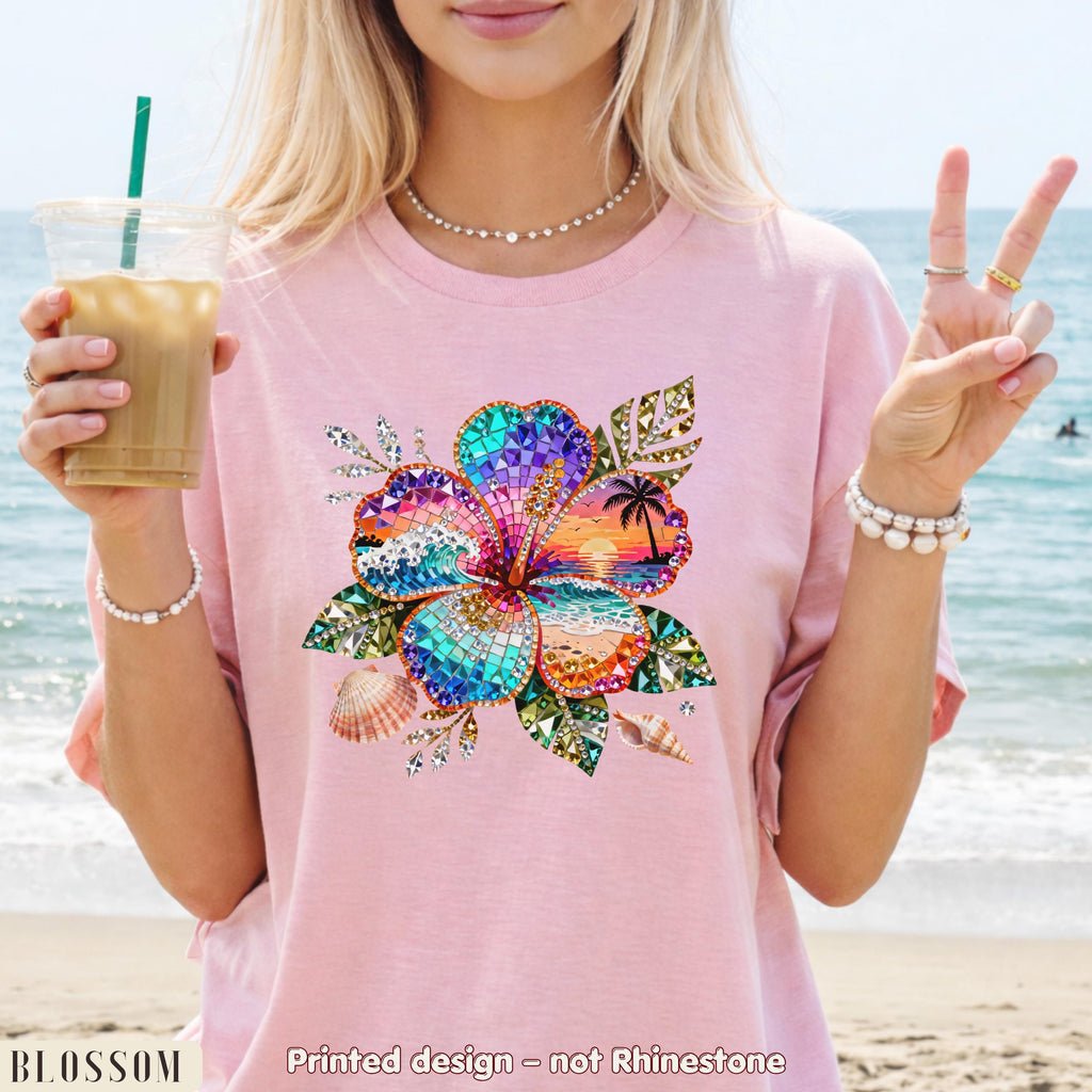 Sparkle Hibiscus Shirt Women, Beach Sunset Flower Tee, Cute Summer Graphic Shirt, Trendy Vacation Shirt, Comfort Colors