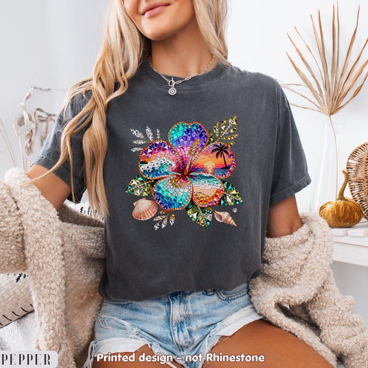 Sparkle Hibiscus Shirt Women, Beach Sunset Flower Tee, Cute Summer Graphic Shirt, Trendy Vacation Shirt, Comfort Colors