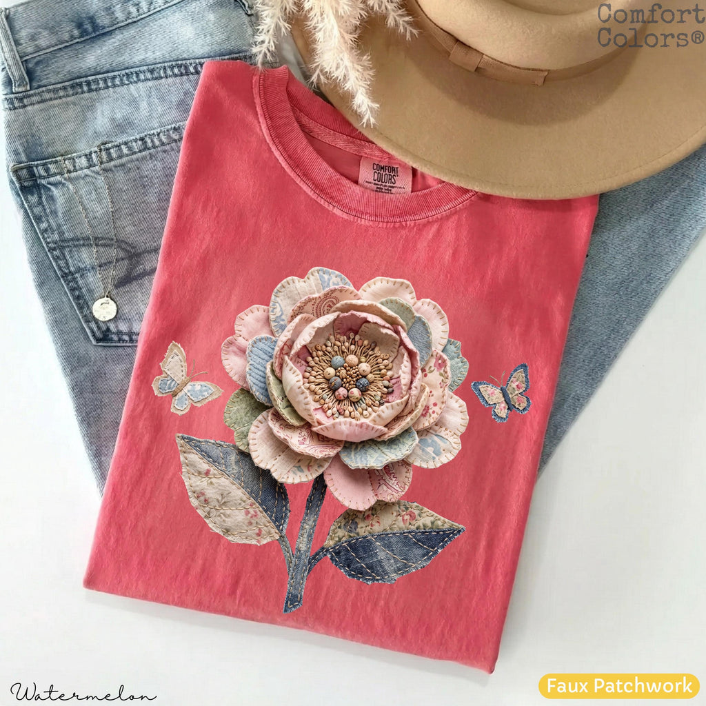 Comfort Colors Faux Quilted Patchwork Wildflower Shirt Floral Graphic Tee Vintage Aesthetic Flower Top Cottagecore Patchwork Spring Shirt
