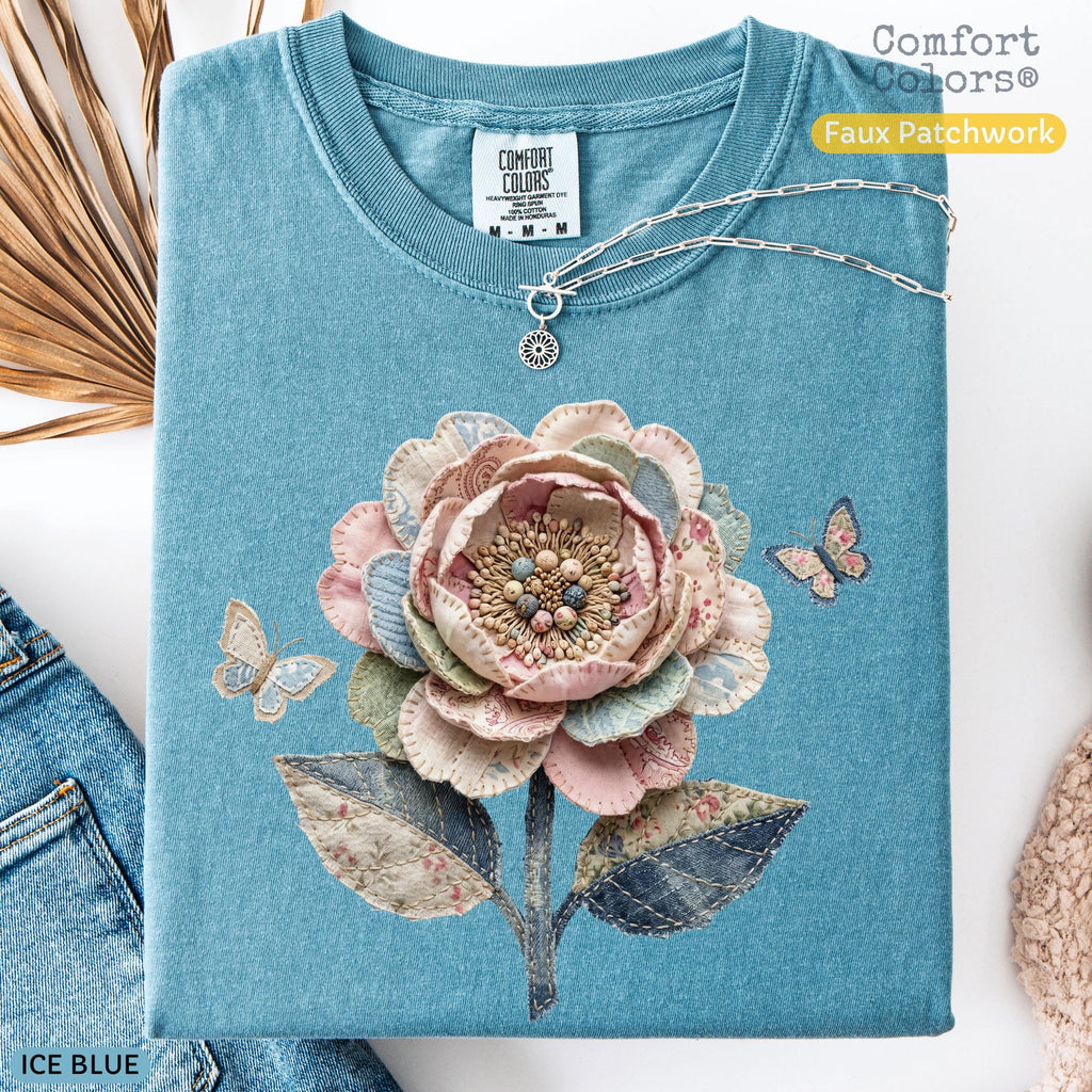 Comfort Colors Faux Quilted Patchwork Wildflower Shirt Floral Graphic Tee Vintage Aesthetic Flower Top Cottagecore Patchwork Spring Shirt