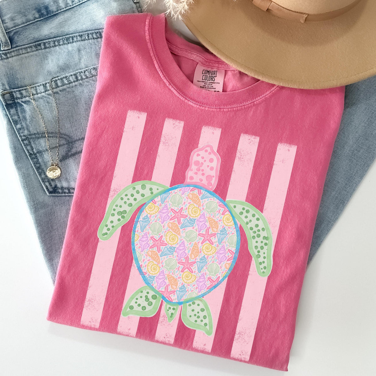 Comfort Colors Turtle Shirt - Summer Trending Stripes T-Shirt - Boho Summer Beach Tee - Retro Graphic Floral Turtle