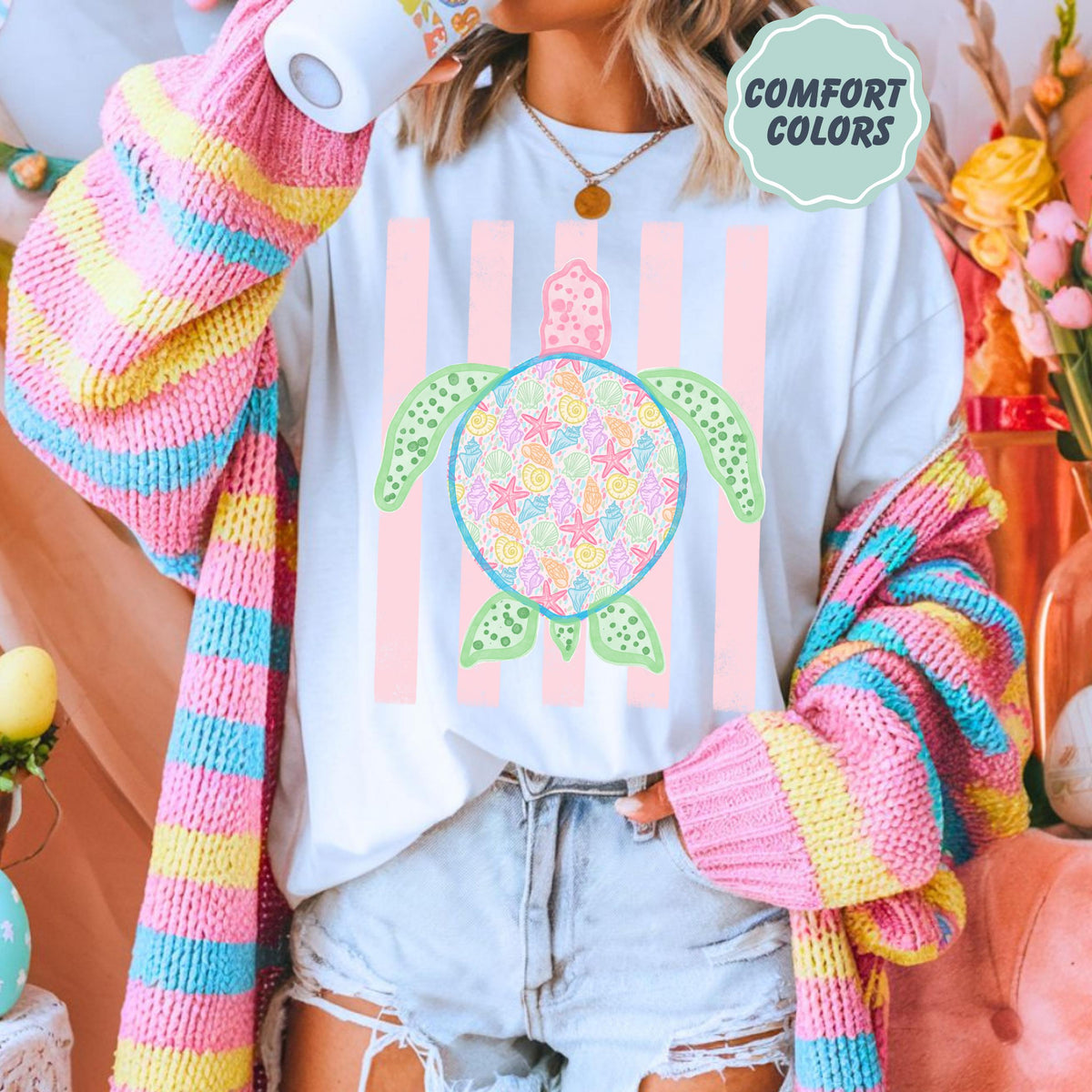 Comfort Colors Turtle Shirt - Summer Trending Stripes T-Shirt - Boho Summer Beach Tee - Retro Graphic Floral Turtle