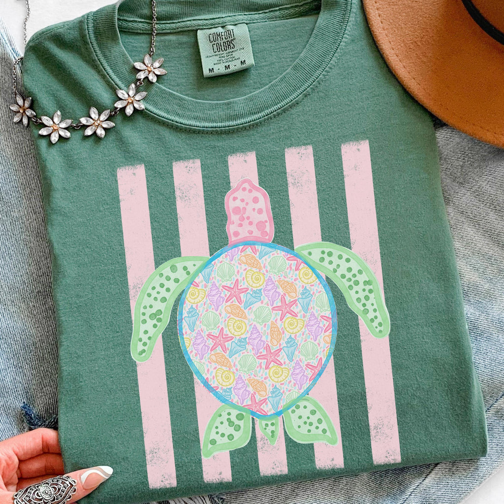 Comfort Colors Turtle Shirt - Summer Trending Stripes T-Shirt - Boho Summer Beach Tee - Retro Graphic Floral Turtle