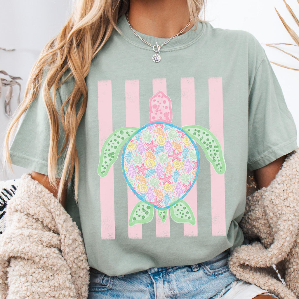 Comfort Colors Turtle Shirt - Summer Trending Stripes T-Shirt - Boho Summer Beach Tee - Retro Graphic Floral Turtle