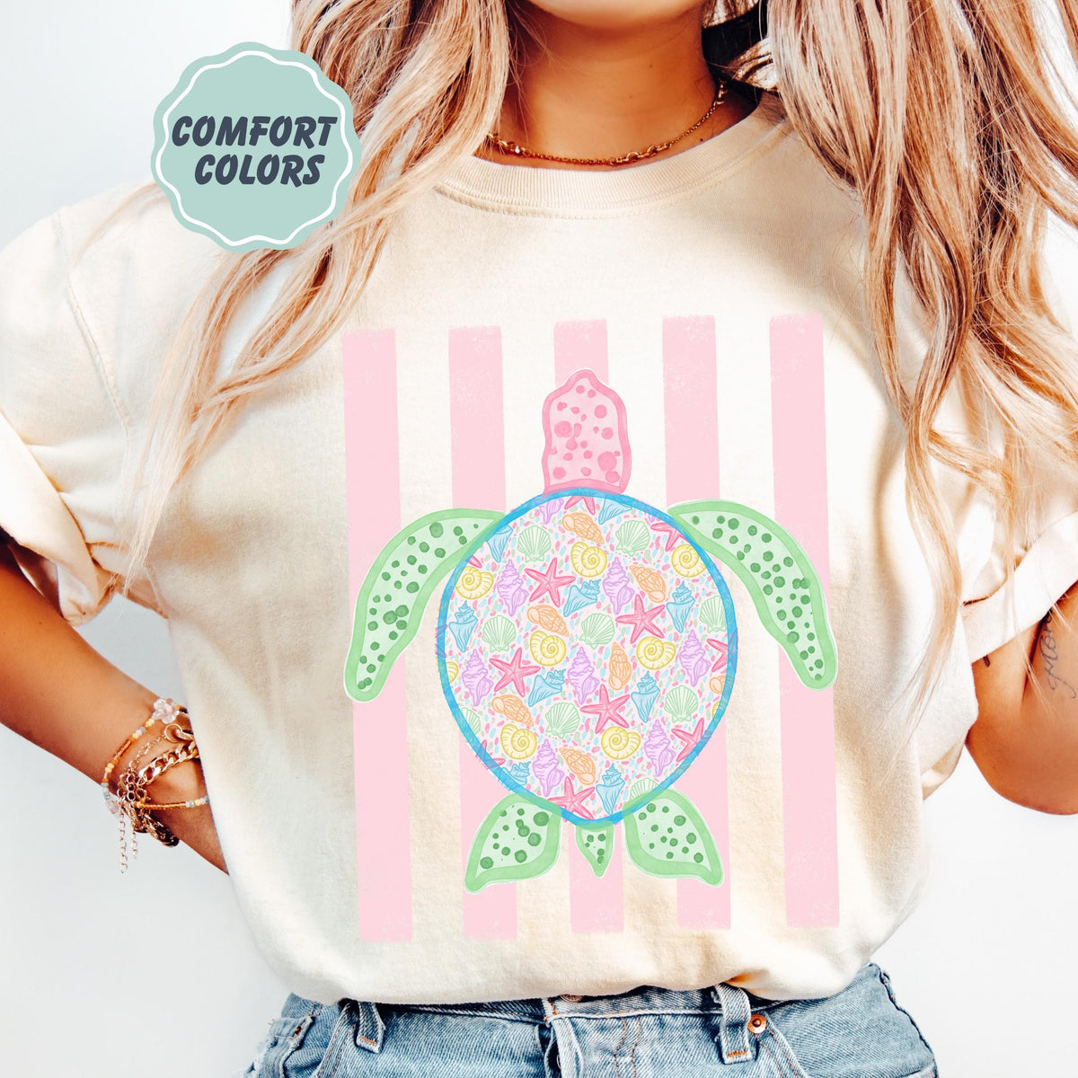 Comfort Colors Turtle Shirt - Summer Trending Stripes T-Shirt - Boho Summer Beach Tee - Retro Graphic Floral Turtle