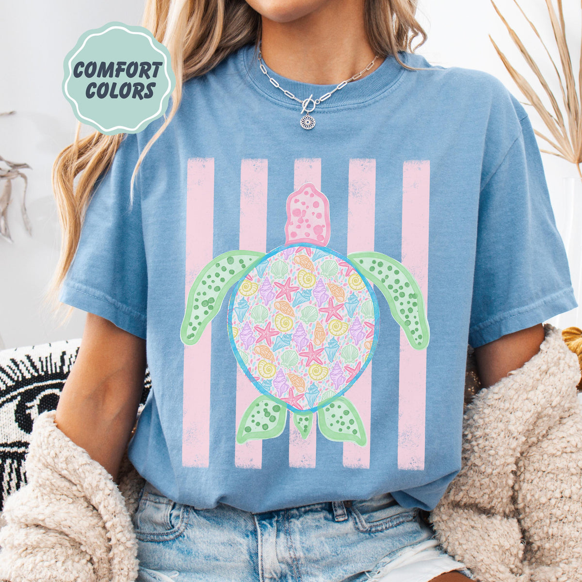 Comfort Colors Turtle Shirt - Summer Trending Stripes T-Shirt - Boho Summer Beach Tee - Retro Graphic Floral Turtle