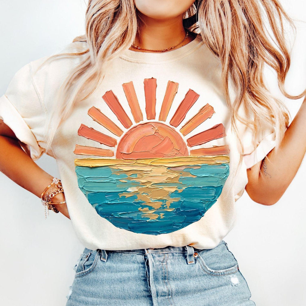 Comfort Colors Sunset Beach Shirt, Coastal Ocean Graphic Tee, Retro Summer Vacation T Shirt, Cute Travel Tee, Only Print- Not real Painting