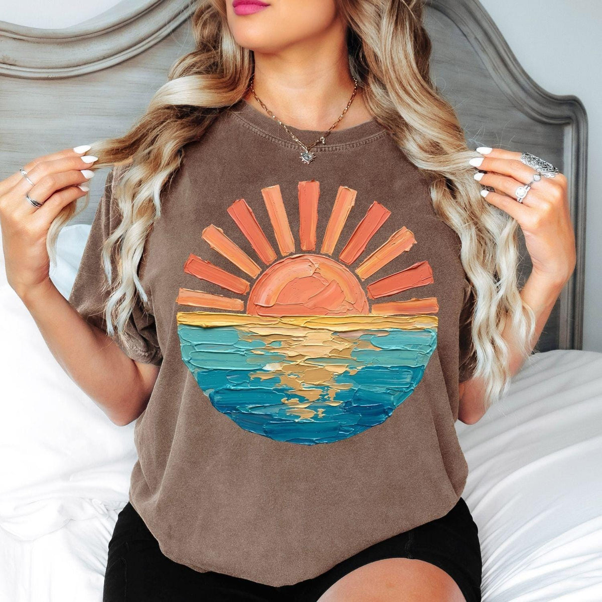 Comfort Colors Sunset Beach Shirt, Coastal Ocean Graphic Tee, Retro Summer Vacation T Shirt, Cute Travel Tee, Only Print- Not real Painting