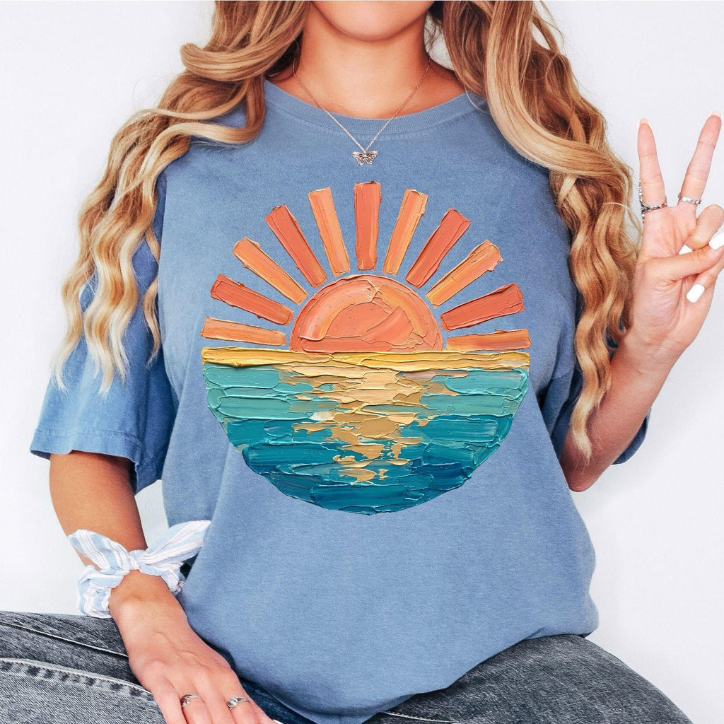 Comfort Colors Sunset Beach Shirt, Coastal Ocean Graphic Tee, Retro Summer Vacation T Shirt, Cute Travel Tee, Only Print- Not real Painting