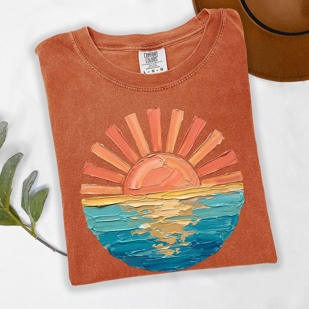 Comfort Colors Sunset Beach Shirt, Coastal Ocean Graphic Tee, Retro Summer Vacation T Shirt, Cute Travel Tee, Only Print- Not real Painting