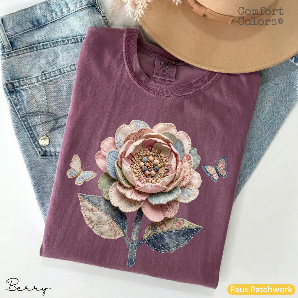 Comfort Colors Faux Quilted Patchwork Wildflower Shirt Floral Graphic Tee Vintage Aesthetic Flower Top Cottagecore Patchwork Spring Shirt