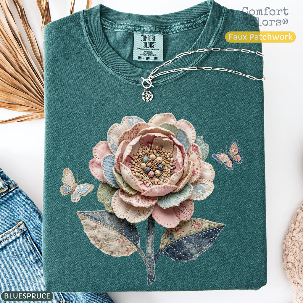 Comfort Colors Faux Quilted Patchwork Wildflower Shirt Floral Graphic Tee Vintage Aesthetic Flower Top Cottagecore Patchwork Spring Shirt