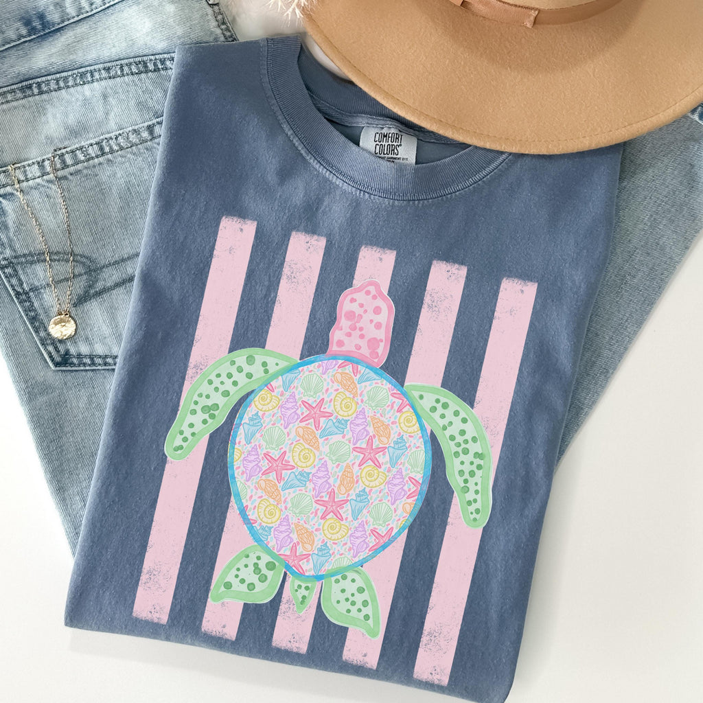 Comfort Colors Turtle Shirt - Summer Trending Stripes T-Shirt - Boho Summer Beach Tee - Retro Graphic Floral Turtle