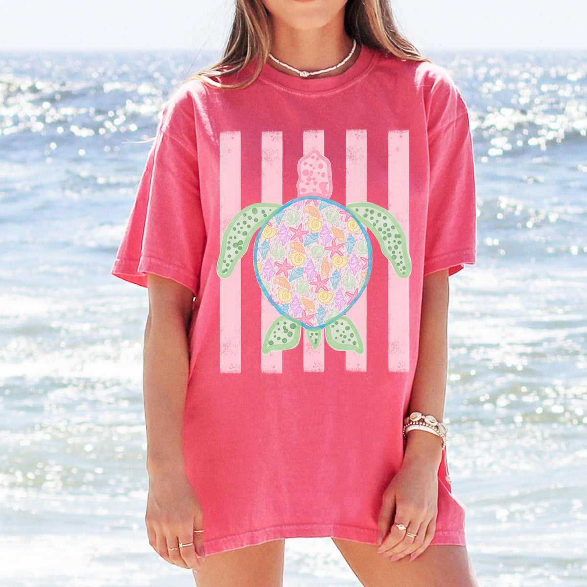 Comfort Colors Turtle Shirt - Summer Trending Stripes T-Shirt - Boho Summer Beach Tee - Retro Graphic Floral Turtle