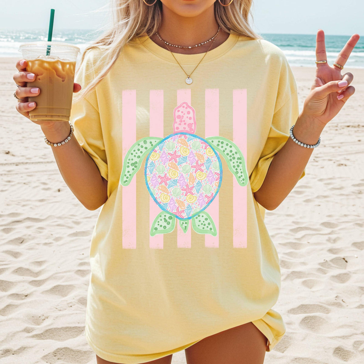Comfort Colors Turtle Shirt - Summer Trending Stripes T-Shirt - Boho Summer Beach Tee - Retro Graphic Floral Turtle
