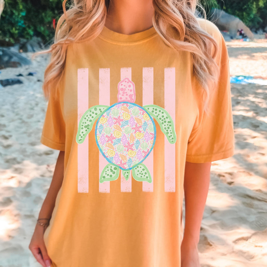 Comfort Colors Turtle Shirt - Summer Trending Stripes T-Shirt - Boho Summer Beach Tee - Retro Graphic Floral Turtle