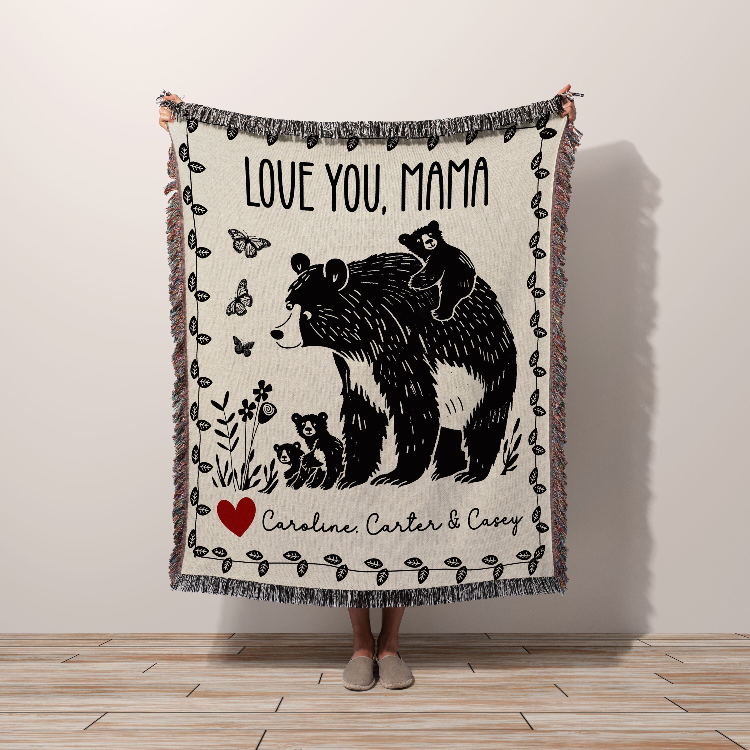 Personalized Mama Bear Cub Blanket, Floral Butterfly Tapestry