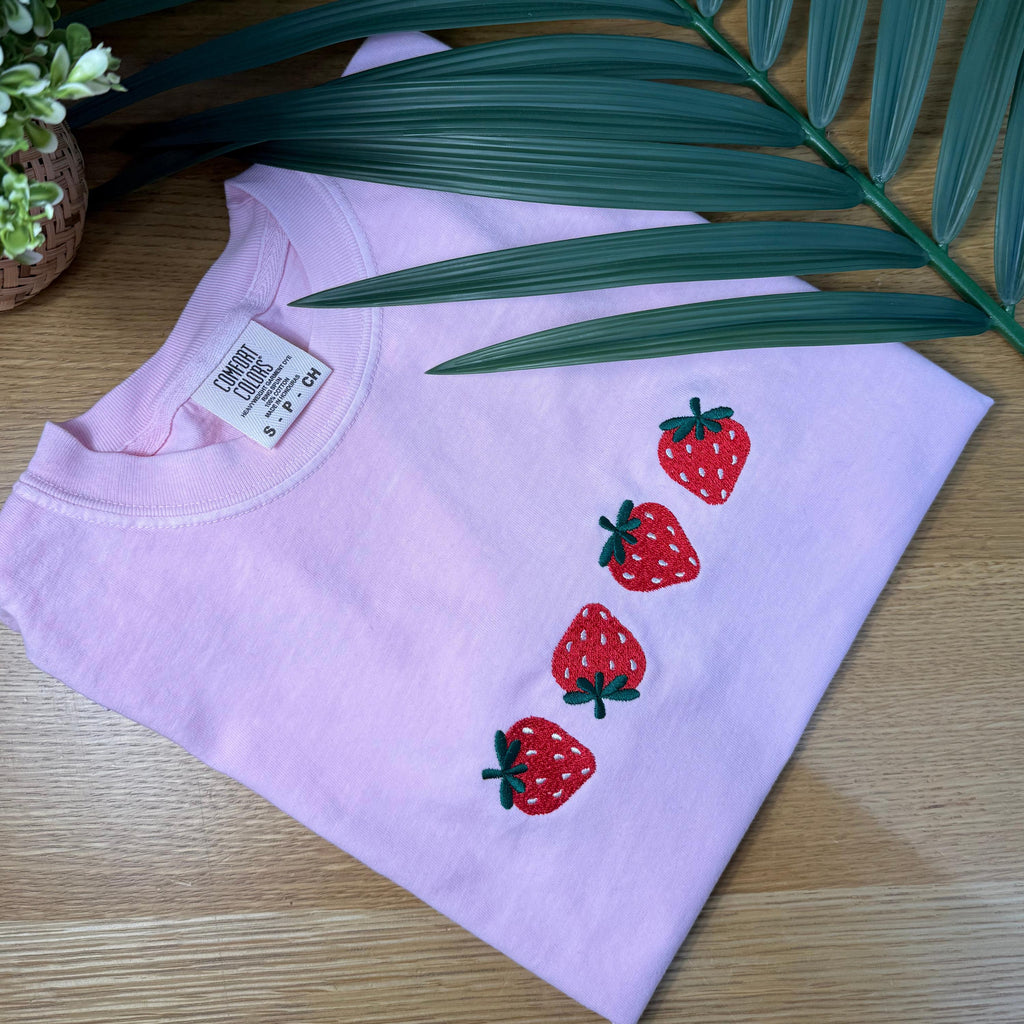 Strawberry Embroidered Comfort Colors Shirt: Cottagecore Fruit Tee