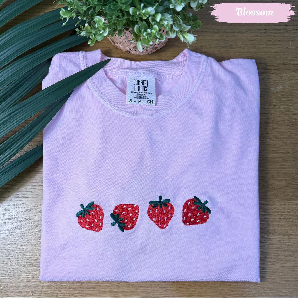Strawberry Embroidered Comfort Colors Shirt: Cottagecore Fruit Tee