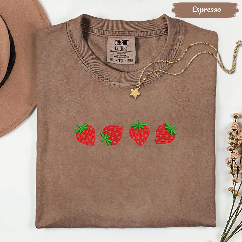Strawberry Embroidered Comfort Colors Shirt: Cottagecore Fruit Tee