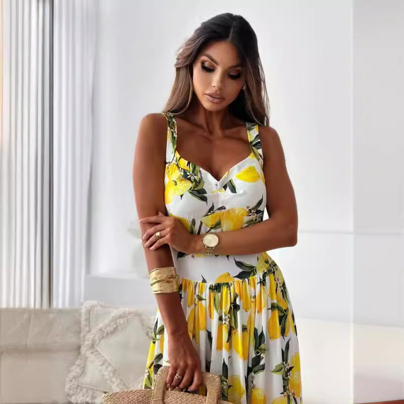 🎉Limited Sale🎉Women's Elegant Lemon Print Spaghetti Strap Flowy Long Dress