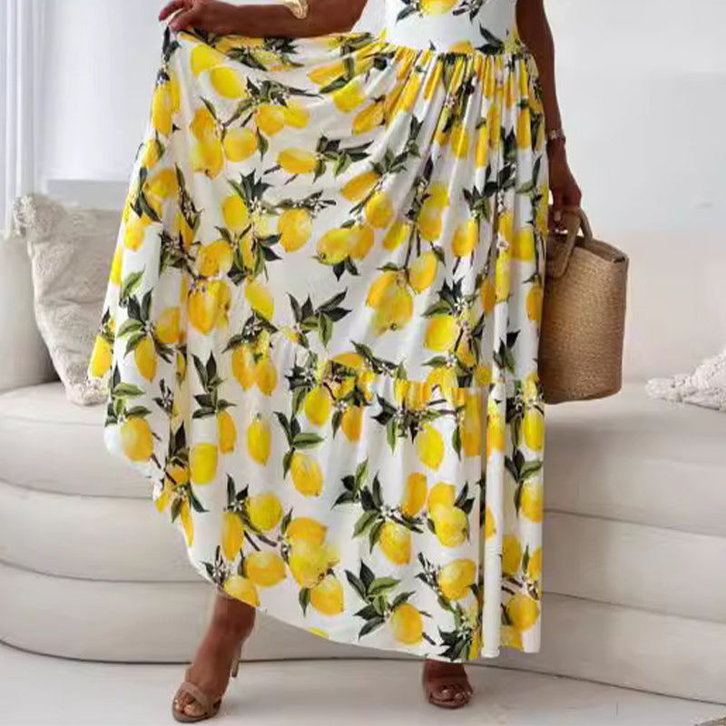 🎉Limited Sale🎉Women's Elegant Lemon Print Spaghetti Strap Flowy Long Dress