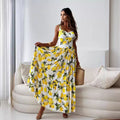 🎉Limited Sale🎉Women's Elegant Lemon Print Spaghetti Strap Flowy Long Dress