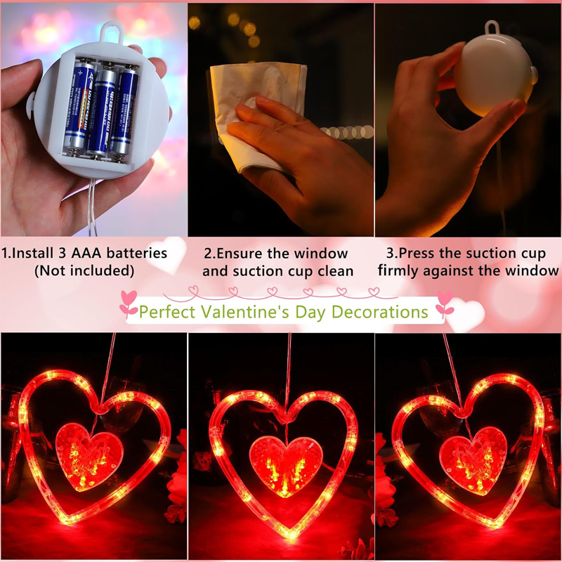 3PCS Valentine's Day Window Light Decoration with Timer