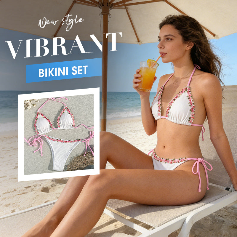 Adjustable Halter Tie-Side Bikini Set with Floral Trim