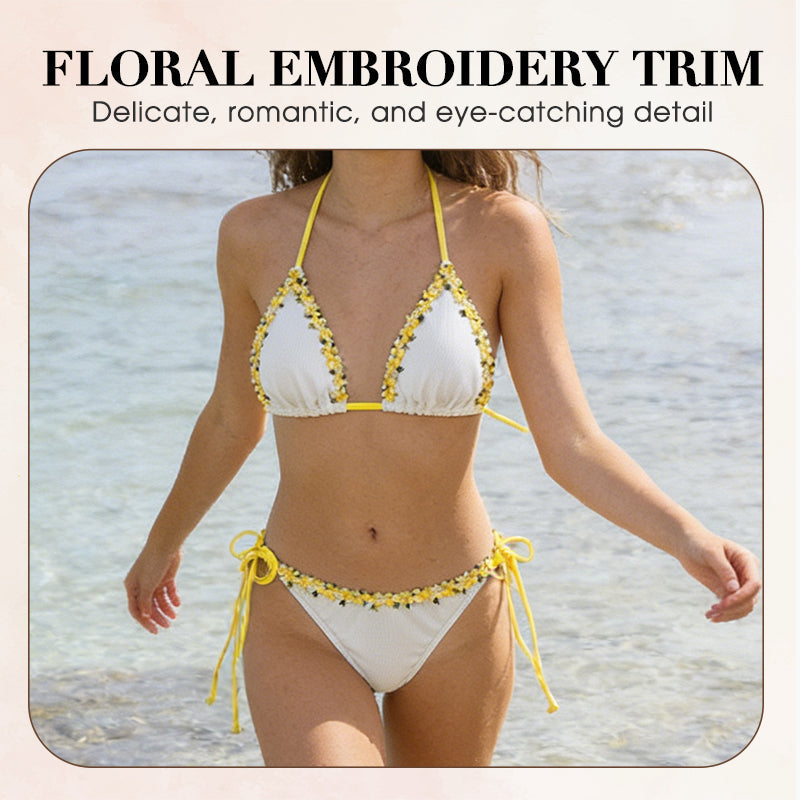Adjustable Halter Tie-Side Bikini Set with Floral Trim