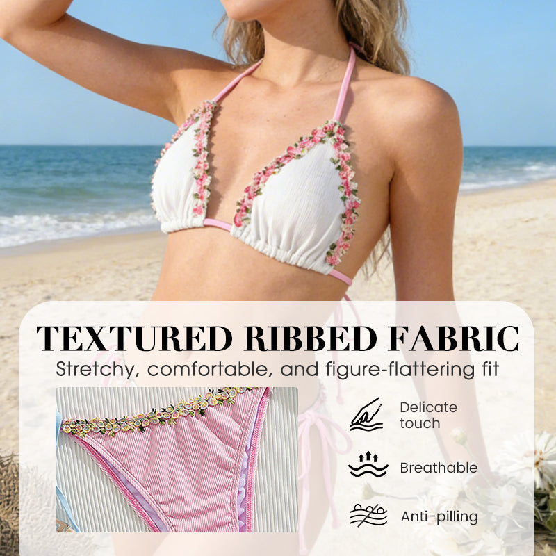 Adjustable Halter Tie-Side Bikini Set with Floral Trim