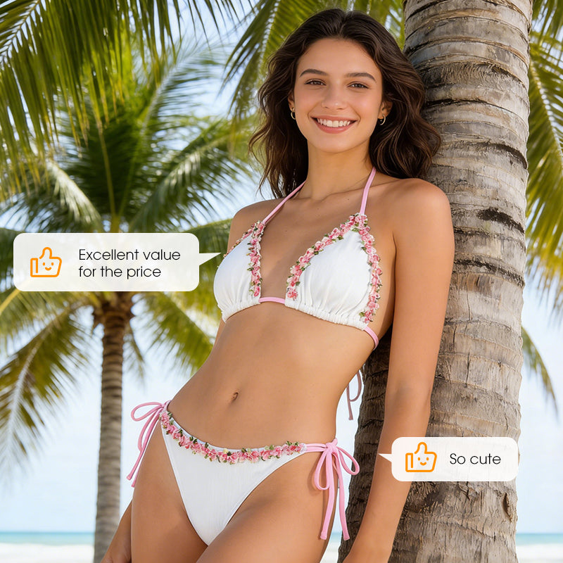 Adjustable Halter Tie-Side Bikini Set with Floral Trim