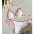 Adjustable Halter Tie-Side Bikini Set with Floral Trim