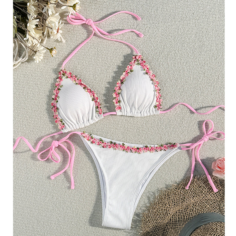Adjustable Halter Tie-Side Bikini Set with Floral Trim