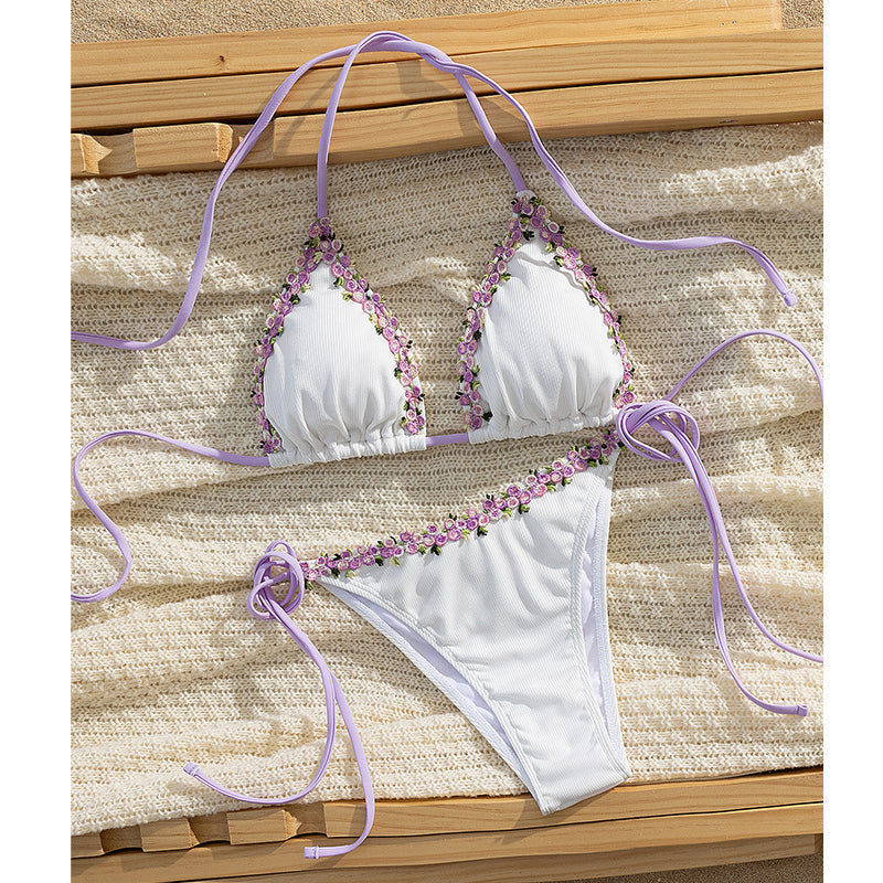 Adjustable Halter Tie-Side Bikini Set with Floral Trim
