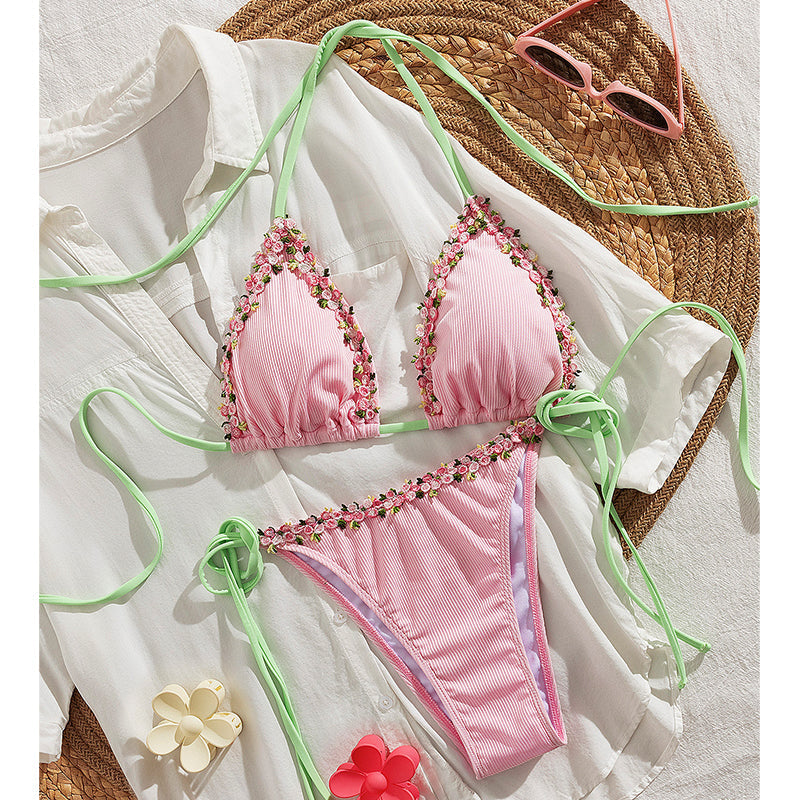Adjustable Halter Tie-Side Bikini Set with Floral Trim