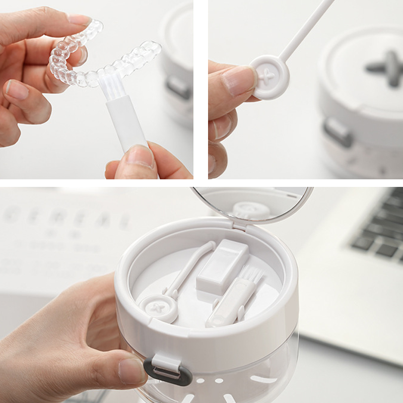 All-in-One Storage Case for Braces and Retainers – Leak-Proof Cleaning Case with Mirror, Brush, and Strainer Basket