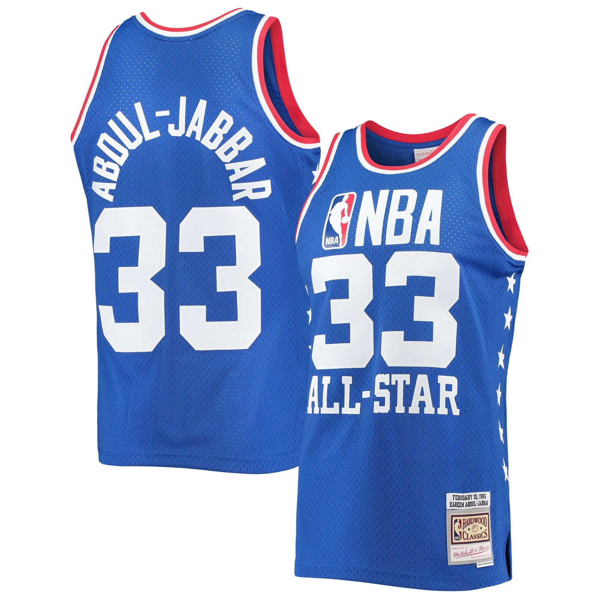 Men's Mitchell & Ness Kareem Abdul-Jabbar Royal Western Conference 1985 NBA All-Star Game Swingman Jersey